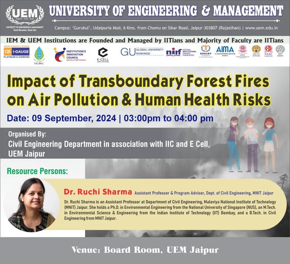 The University of Engineering and Management (UEM), Jaipur conducted a seminar on "Impact of Transboundary Forest Fires on Air Pollution & Human Health Risks," organized by the Civil Engineering Department in association with IIC and E-Cell.