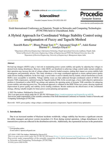 The research work of Dr. Ankit Kumar Sharma, Head and Associate Professor, Department of Electrical Engineering, has been published in the prestigious Procedia Computer Science, Elsevier (Scopus indexed) journal.