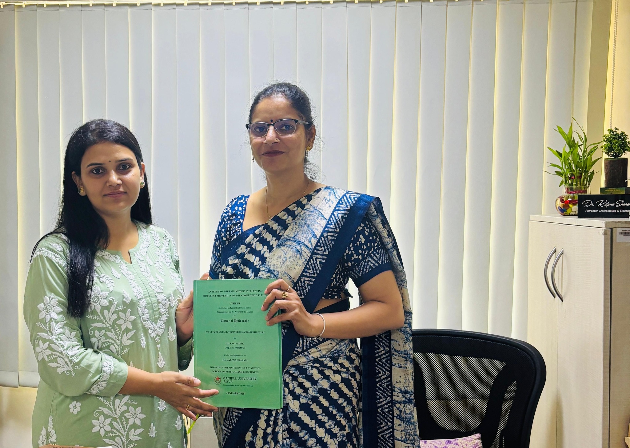 We are proud to share that Prof. Pallavi Malik, esteemed faculty member of the Mathematics Department, University of Engineering & Management (UEM), Jaipur, has successfully defended her PhD viva voce on 30th May, 2025.